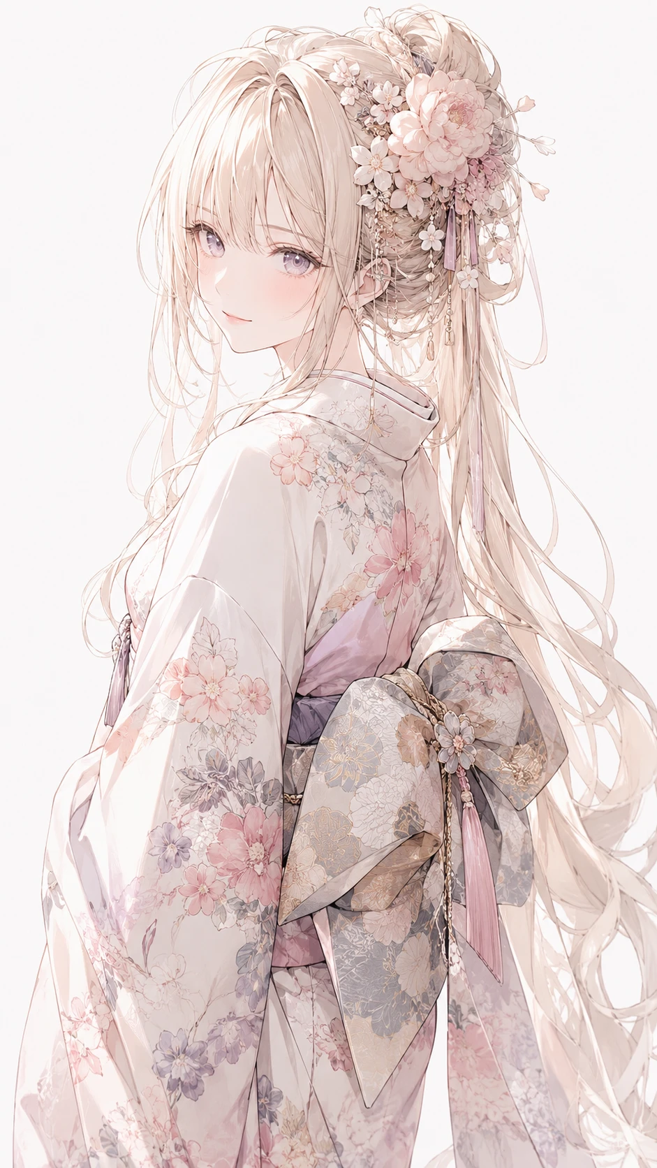 Anime girl in floral kimono turning with gentle gaze