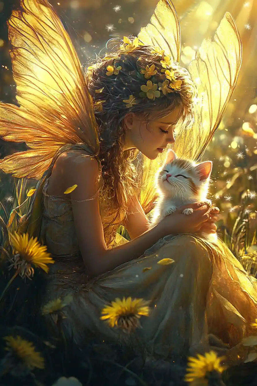 Gentle fairy holding kitten under a glowing dandelion