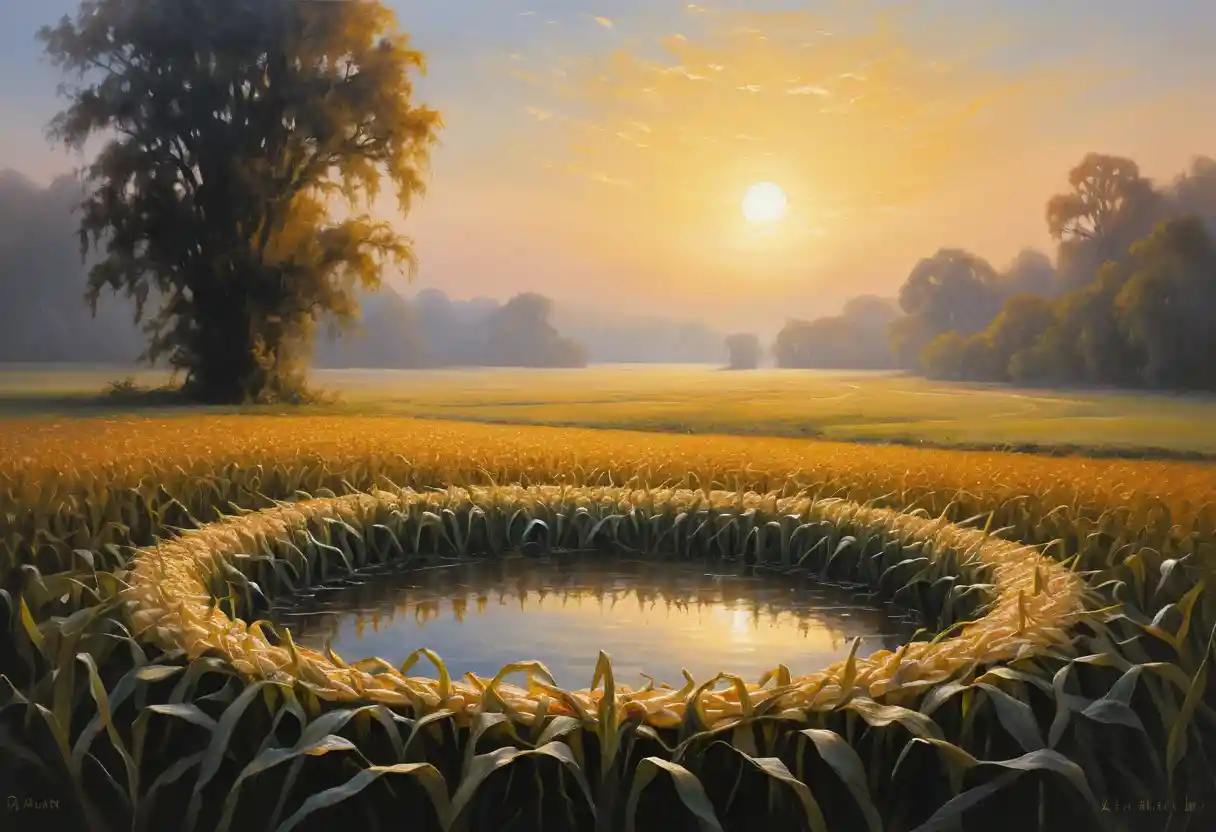 Mystical crop circle glowing in golden dawn mist