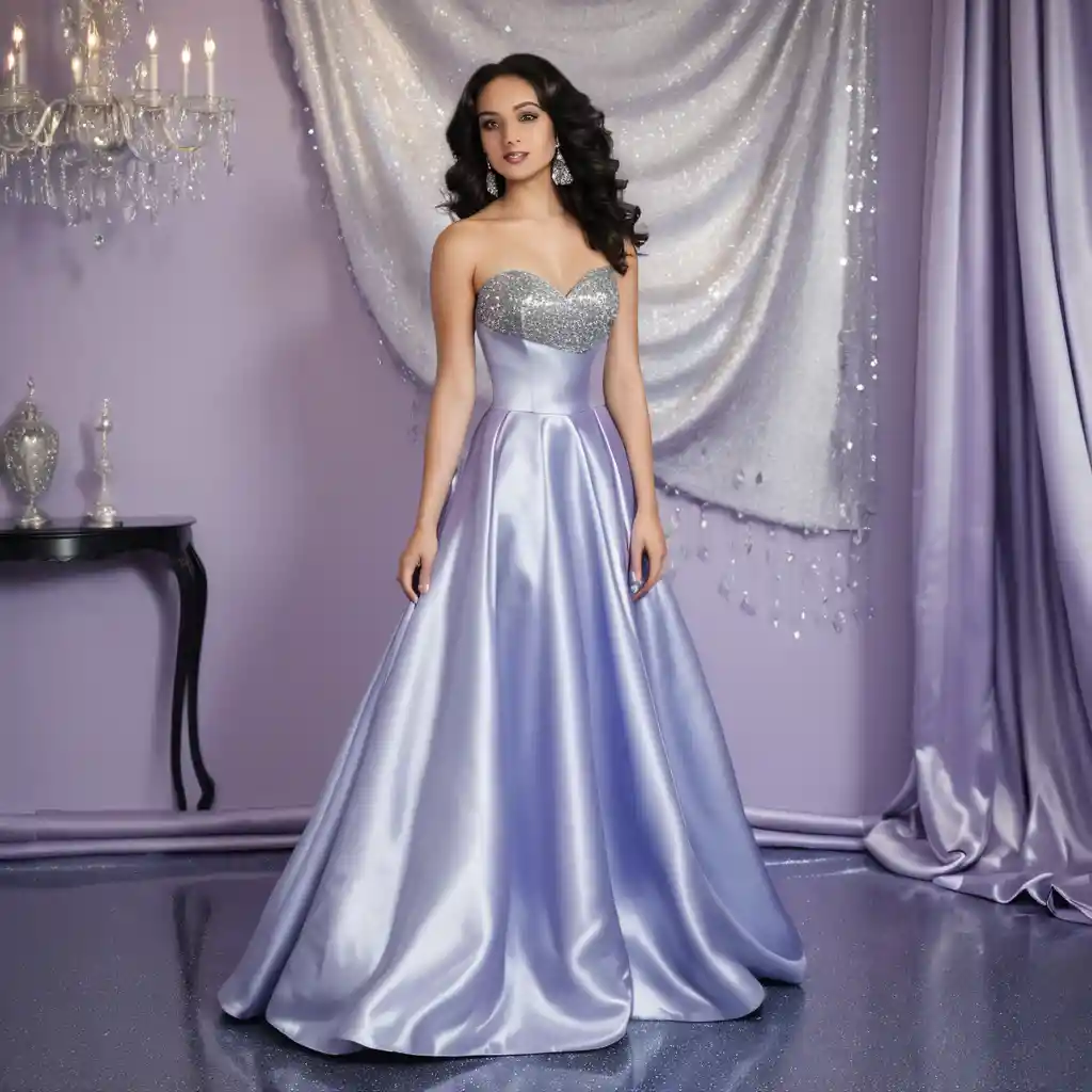 Elegant woman in lavender satin gown in a refined room