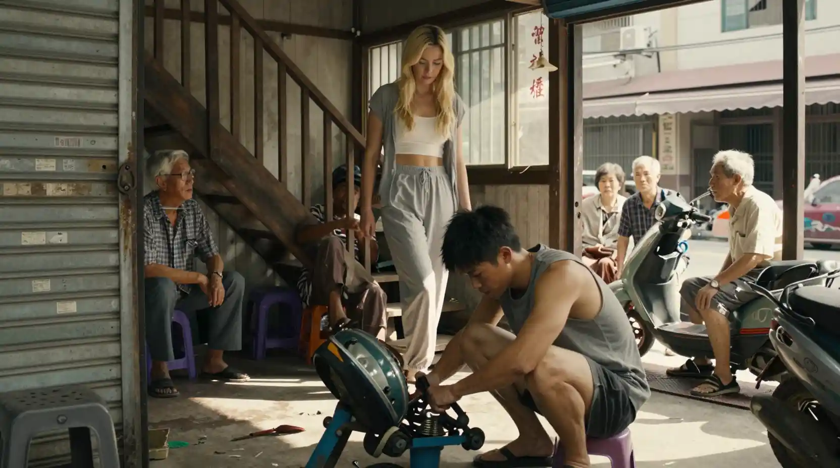 Young mechanic repairing a scooter in a sunlit shop