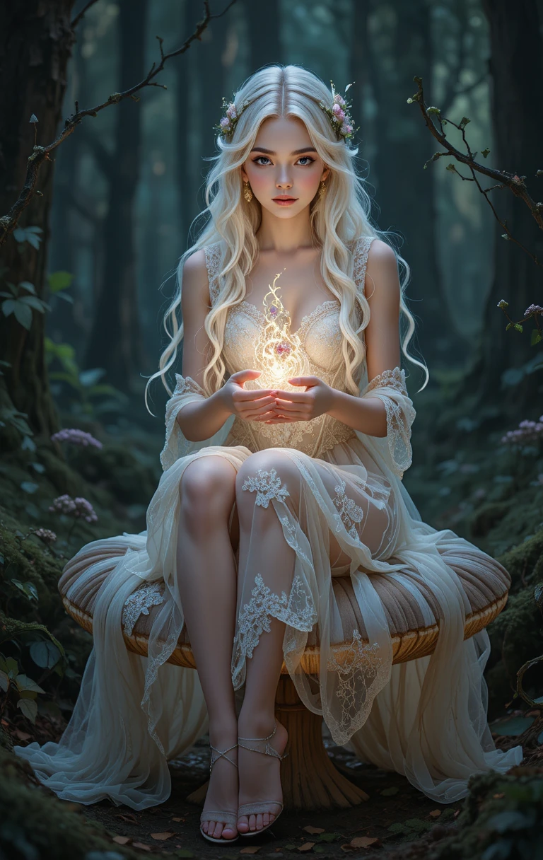 White haired woman on glowing toadstool in dark forest