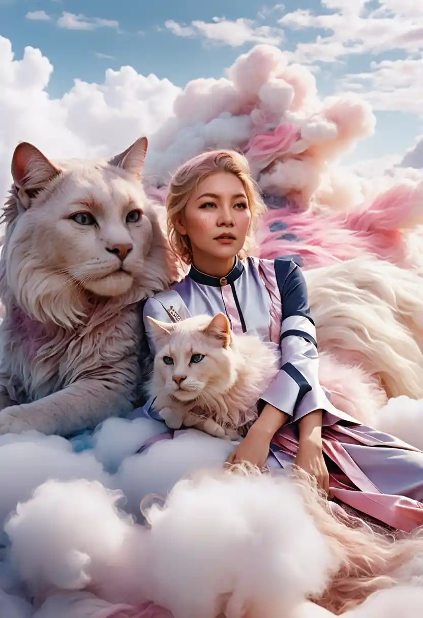 Angel resting on a colossal cat in a surreal dreamscape