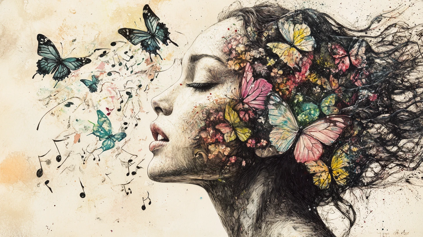 Dreamlike girl profile with butterflies made of stained glass