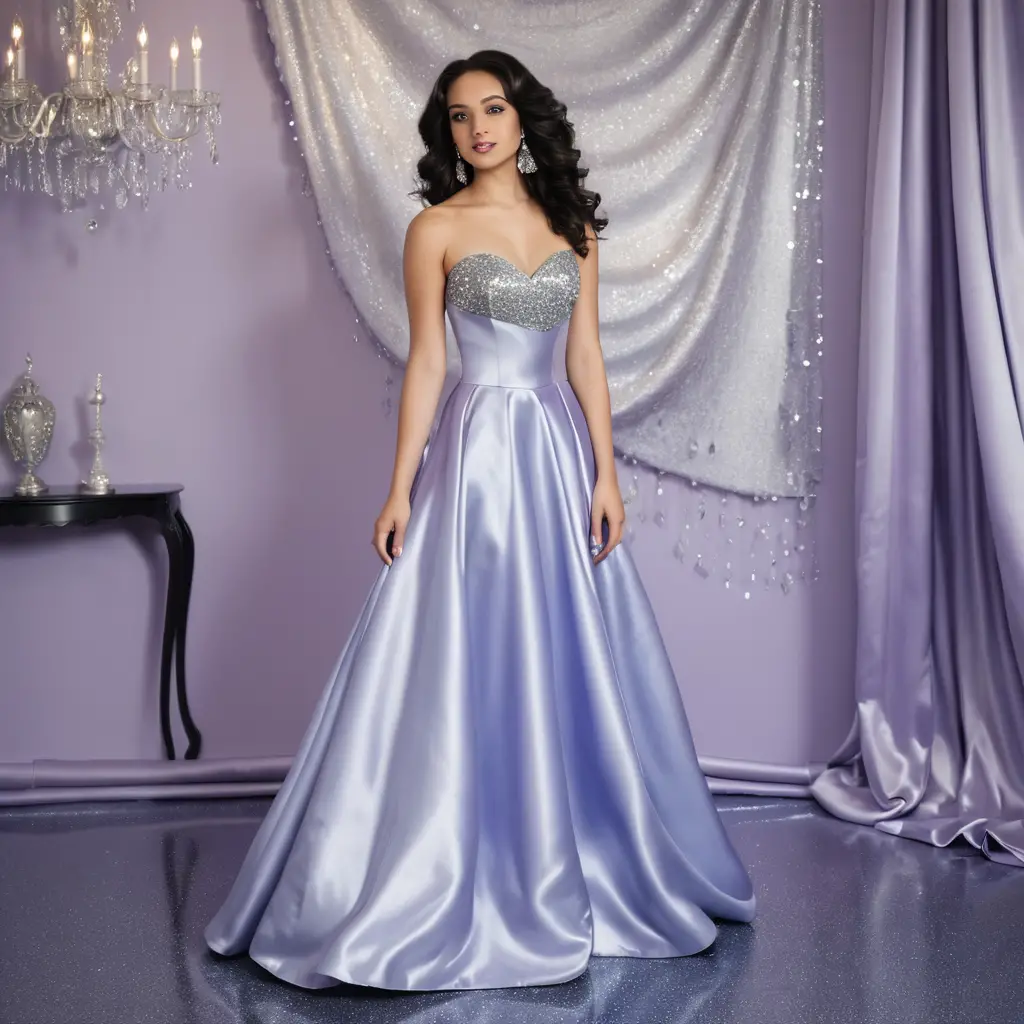 Elegant woman in lavender satin gown in a refined room