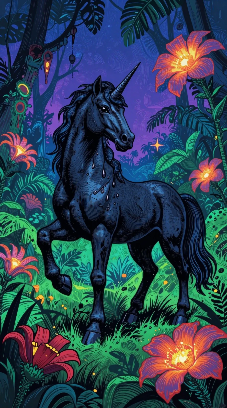 Black unicorn in a surreal psychedelic jungle night scene