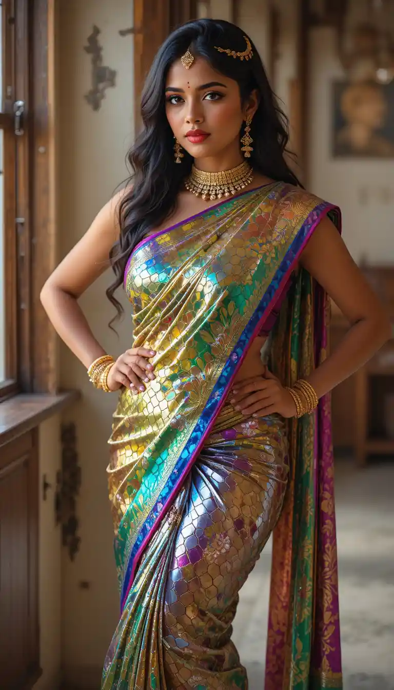 Indian woman in glossy mirror saree bending at the waist
