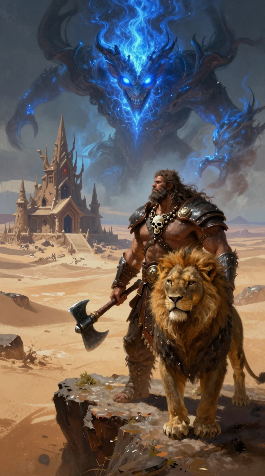 Barbarian Warrior And Armored Lion On Desert Cliff
