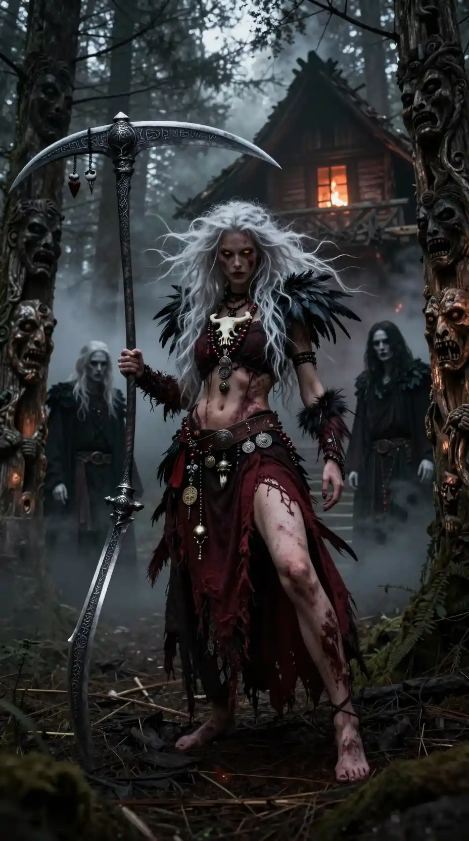 Mystical warrior woman in a dark pine forest
