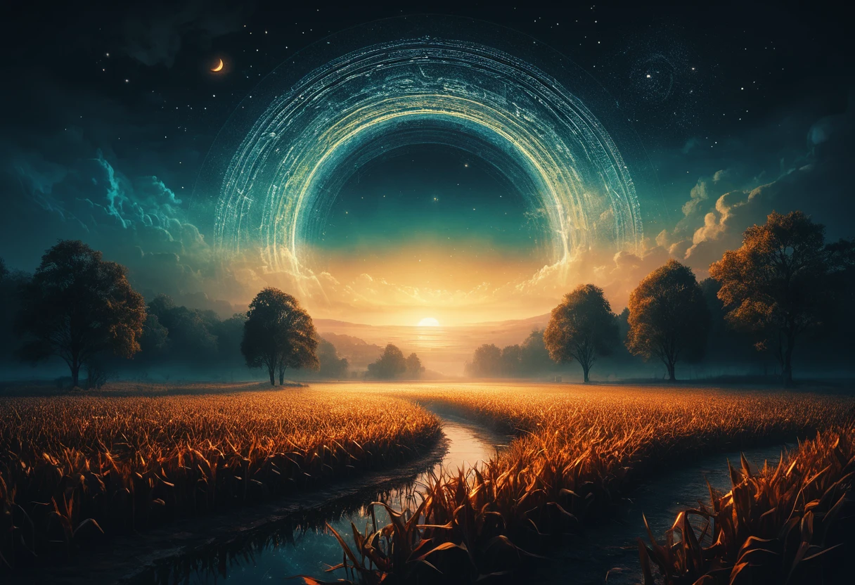 Mystical corn circle at dawn in soft golden light