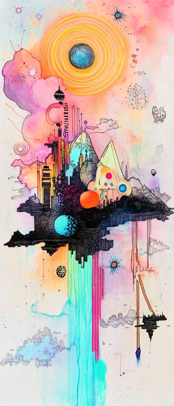 Surreal ink drawing with pastel neon abstract serene forms