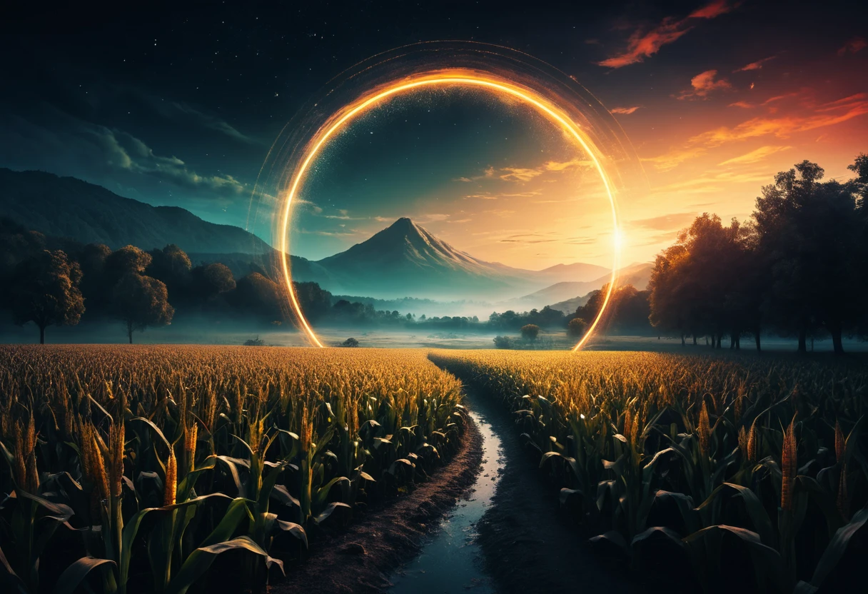 Mystical corn circle glowing in soft golden dawn light