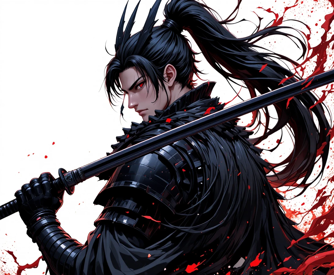 Demonic anime swordsman in black dragon armor mid strike