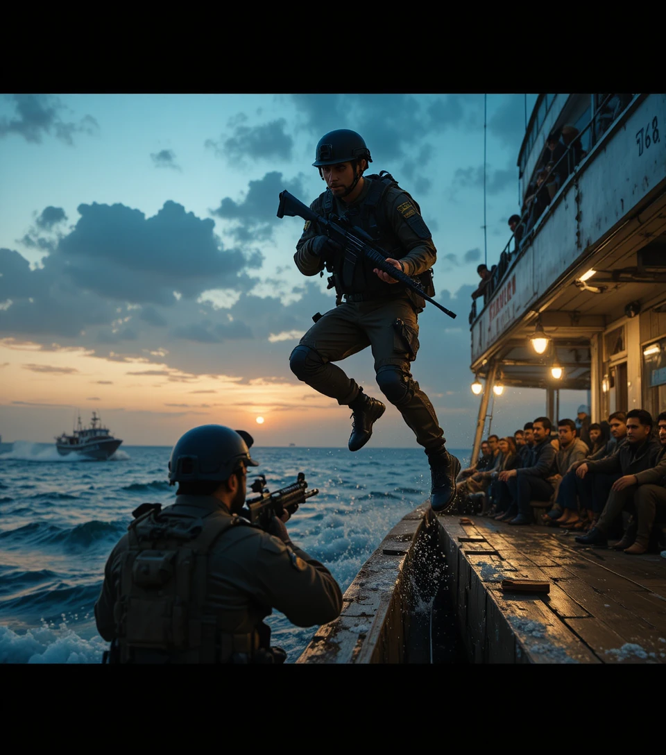 Pakistani soldier patrolling a coastal boat at dramatic sunset