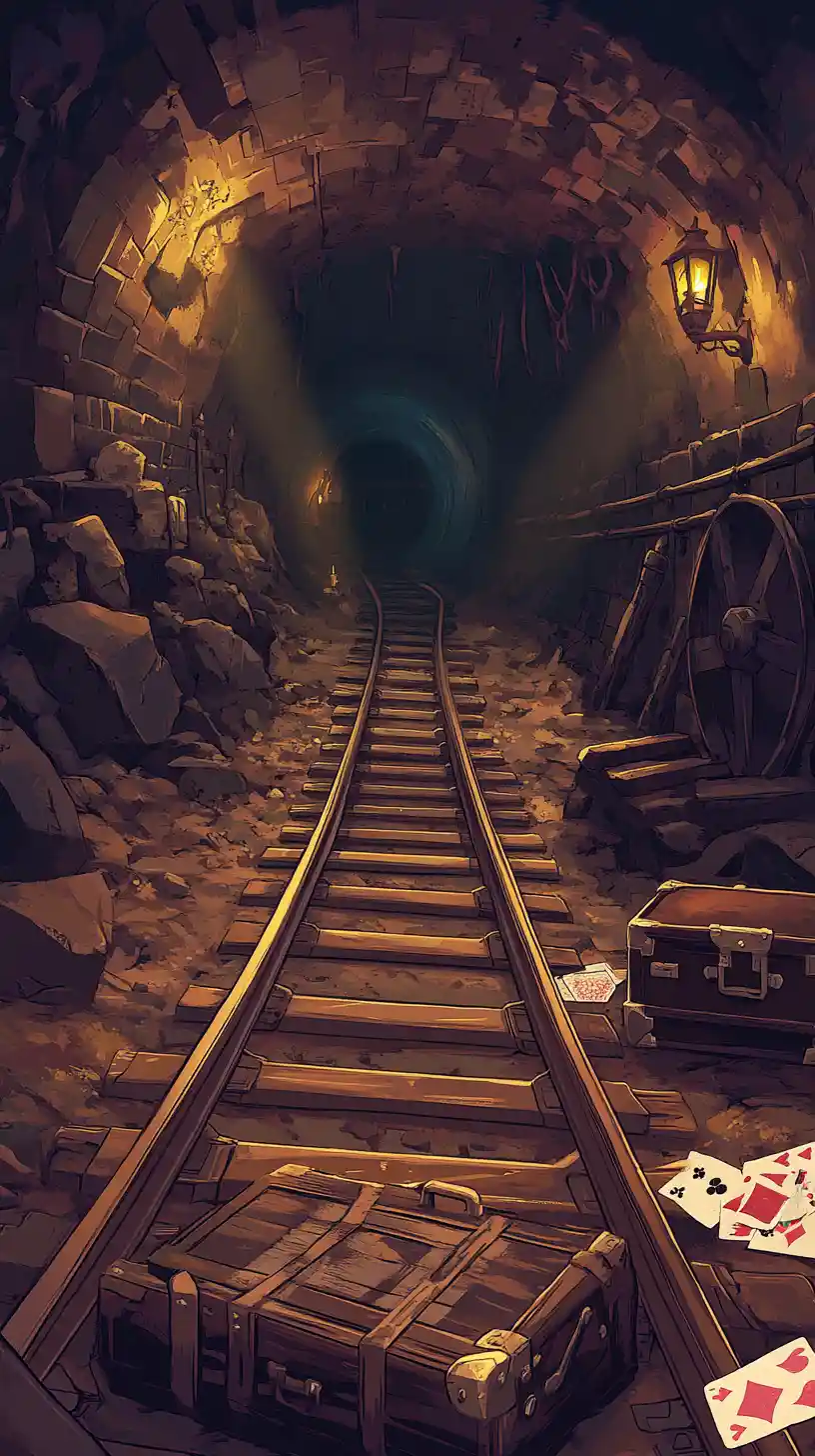 Cartoon lemon drummer playing on tracks before dark train tunnel