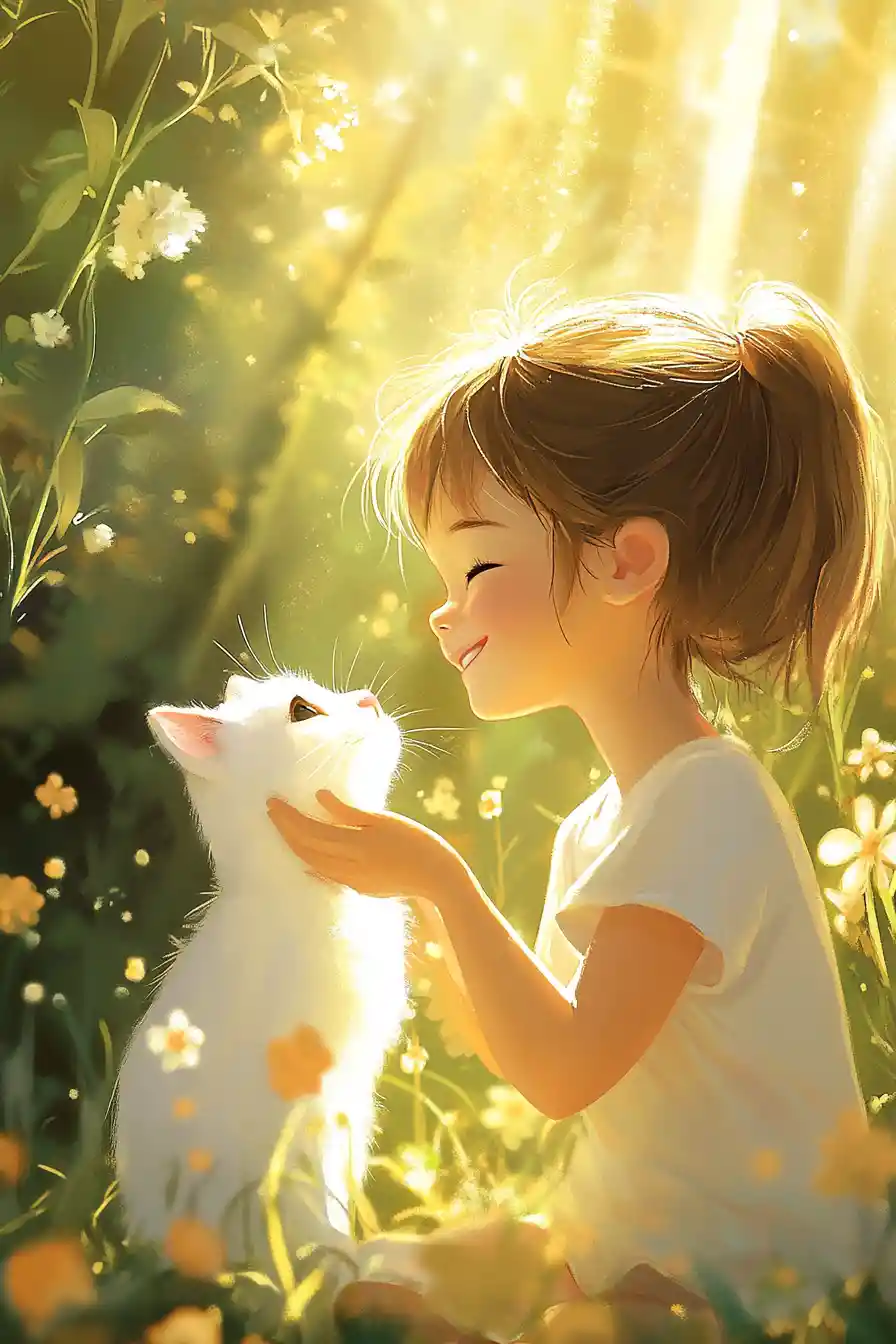 Whimsical childrens storybook illustration of a cute girl