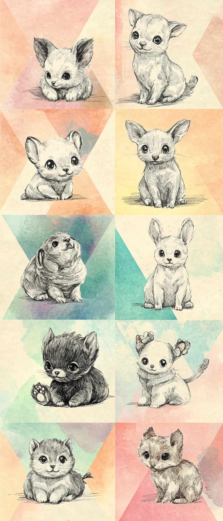 Ink wash collage of cute animals on geometric background
