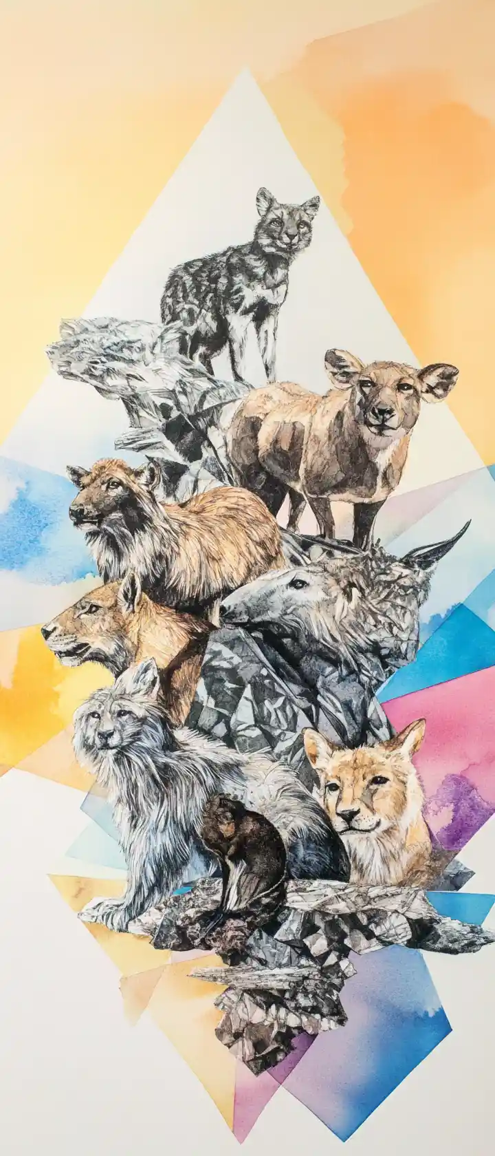 Ink wash wildlife collage against abstract geometric background
