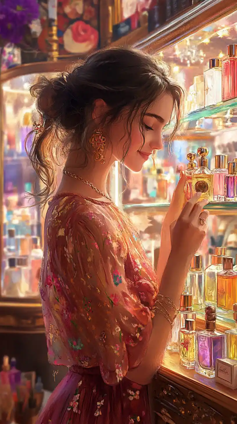 Cheerful woman choosing perfume in a romantic studio scene