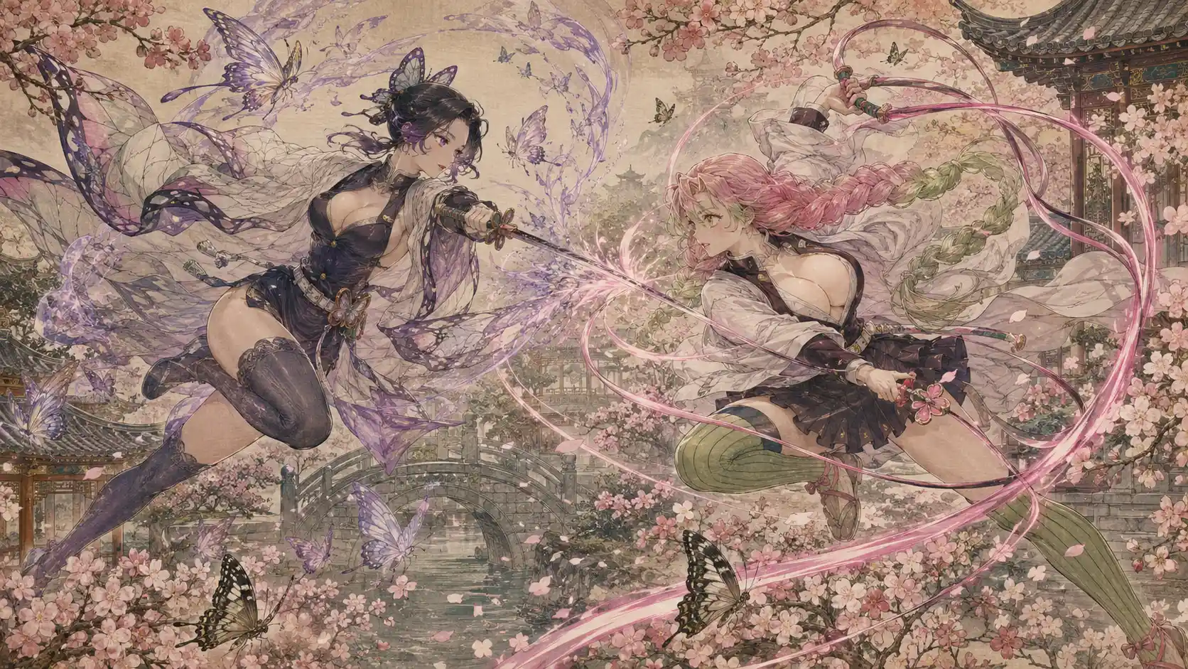 Two warrior women dueling in a refined gongbi garden painting