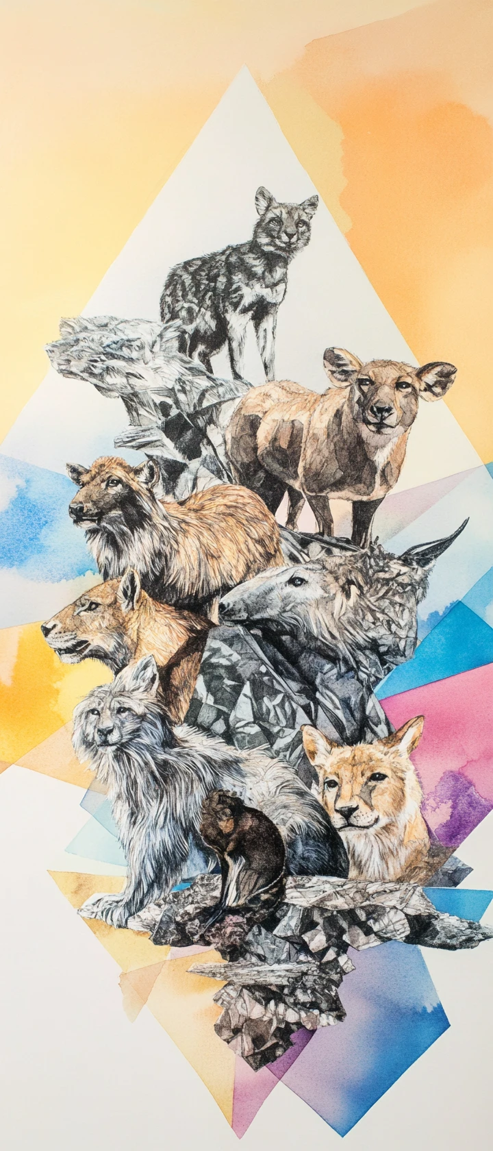 Ink wash wildlife collage against abstract geometric background