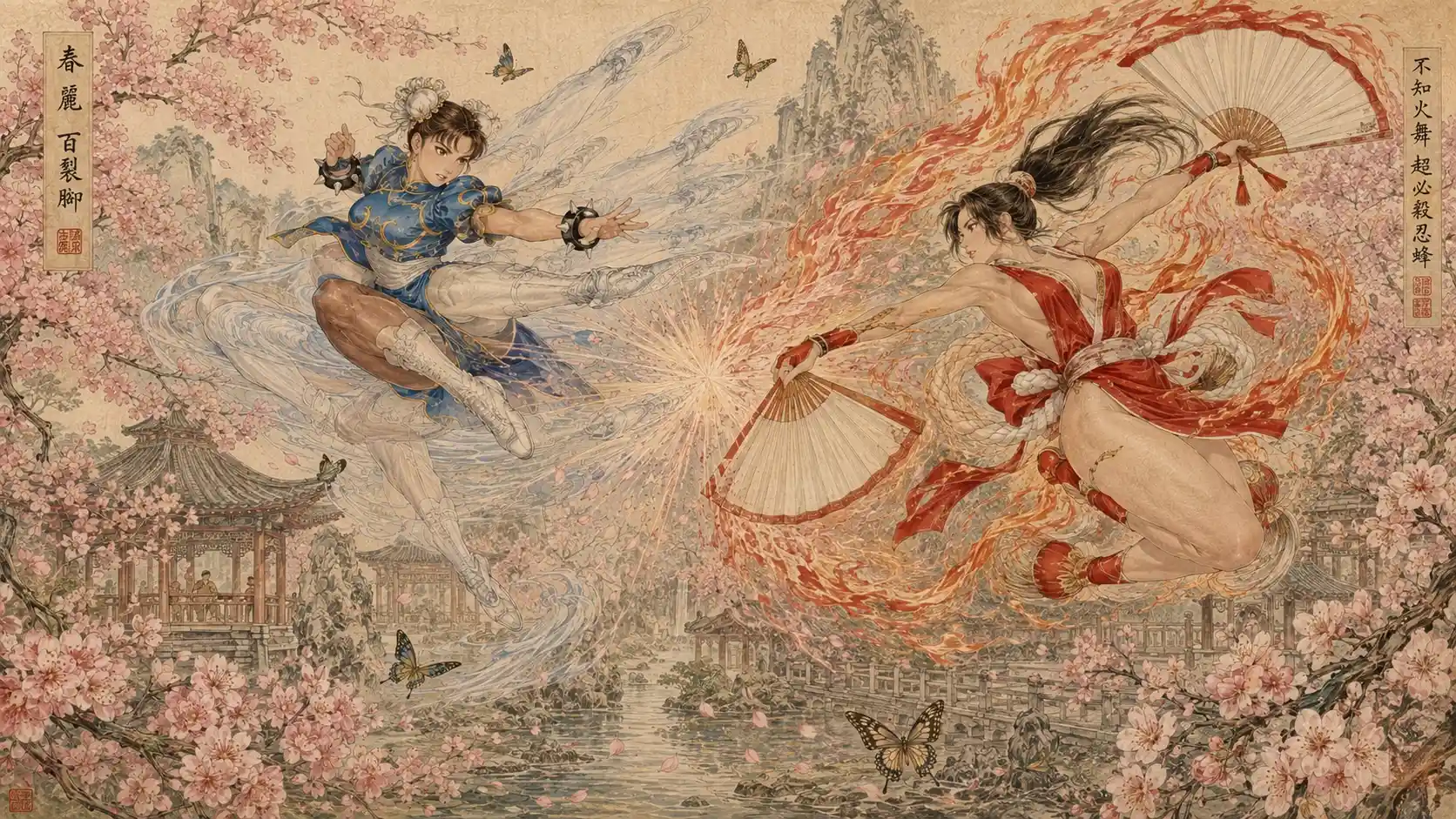 Two warrior women battling in an imperial garden painting