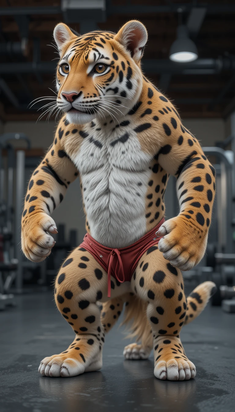 Cute cartoon panther training inside a modern gym