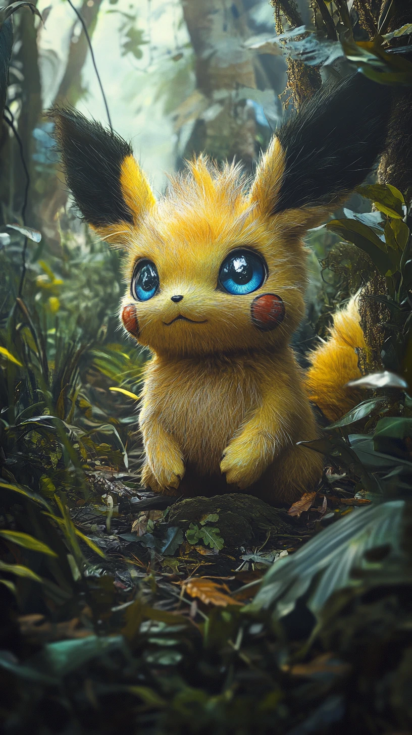 Cute fantasy creature with blue eyes in mystical jungle
