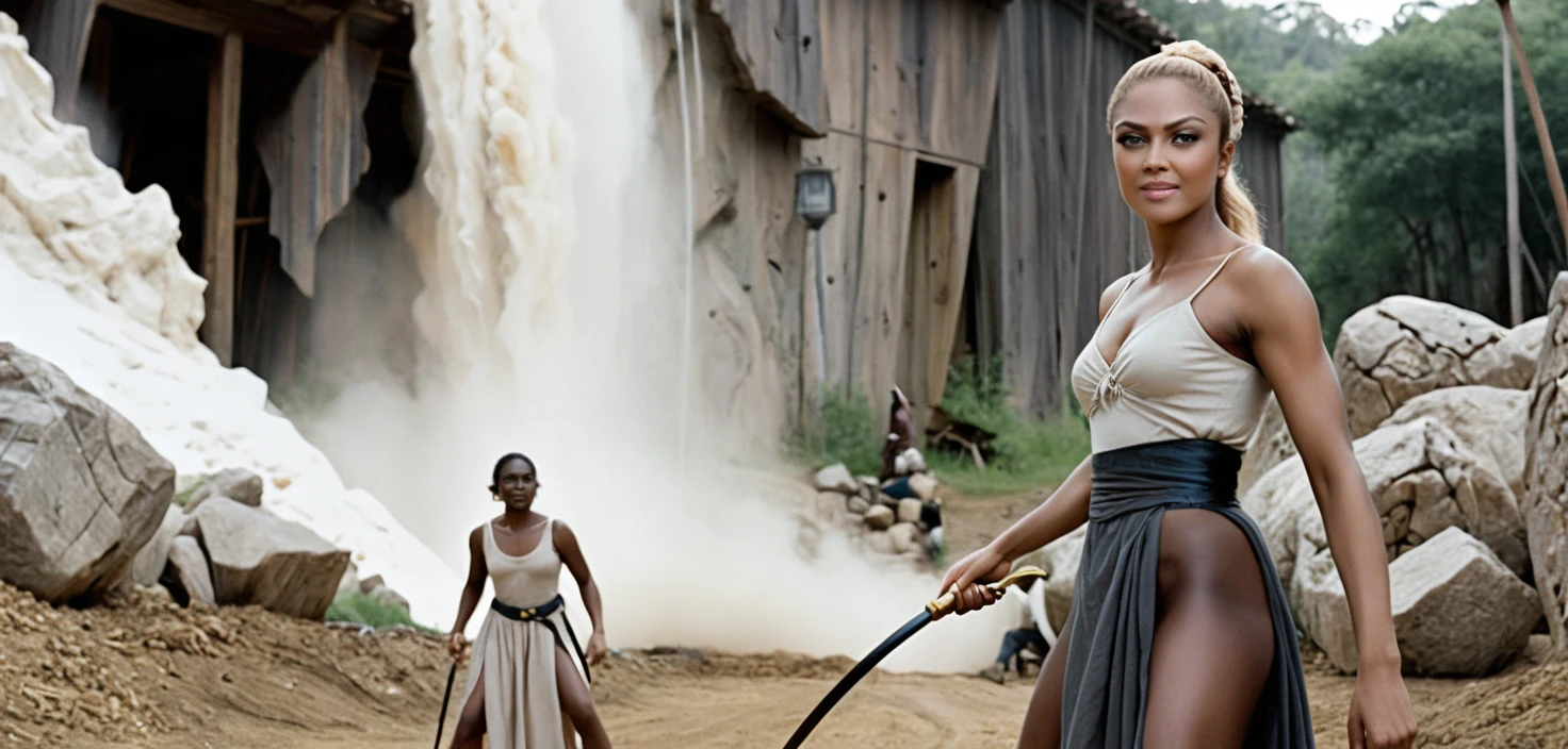 Female overseer ruling over straining slaves in quarry