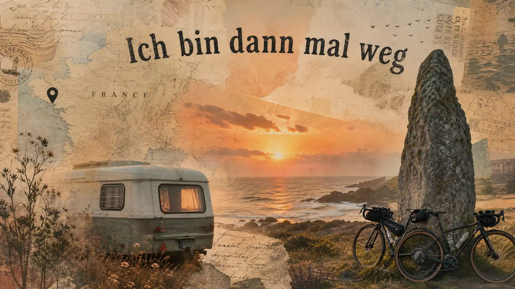 Surreal photo collage with a map and coastal caravan