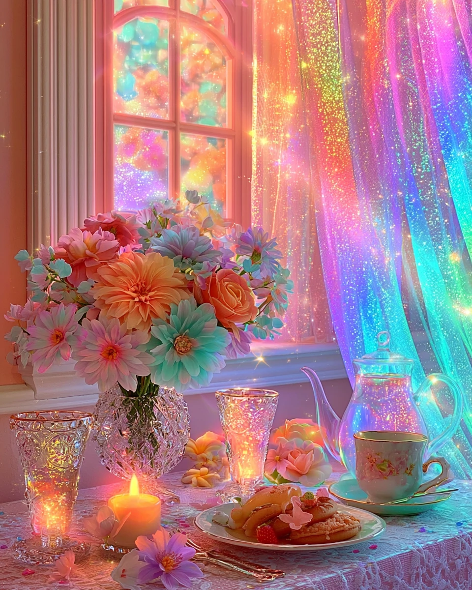 Thumbelina Eating Breakfast In A Tiny Flower Filled Bedroom