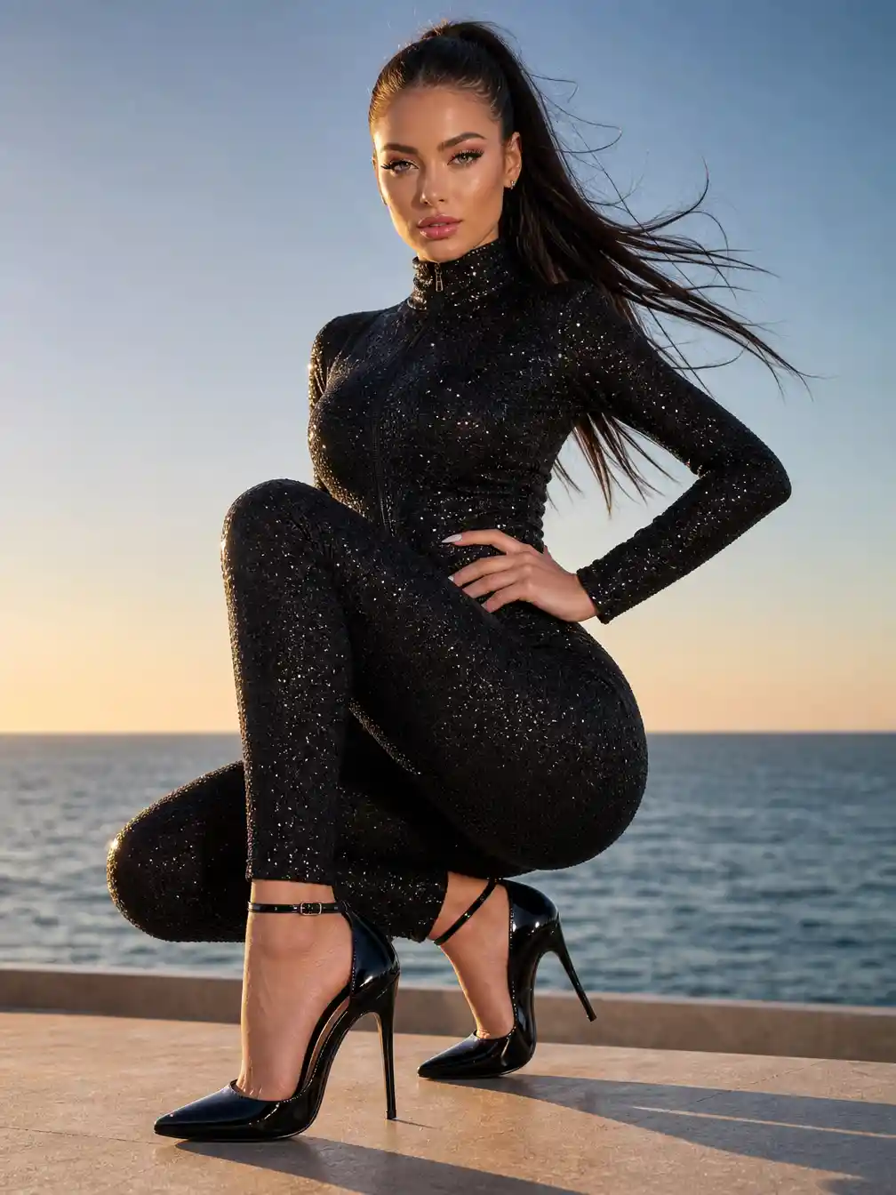 Elegant woman in black jumpsuit by the ocean at sunset