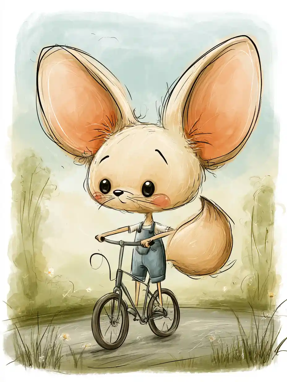 Cute cartoon fennec fox riding a bicycle in summer park