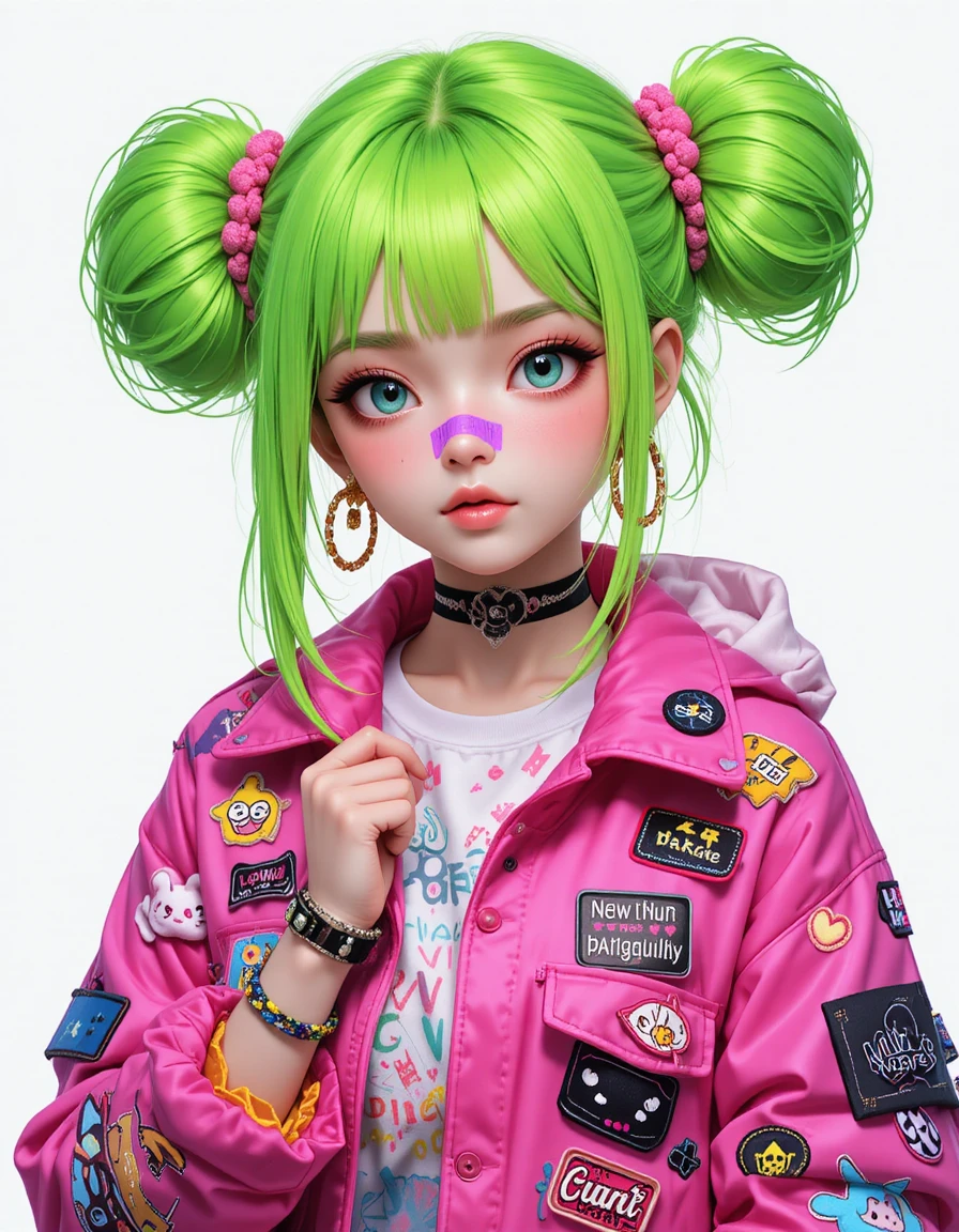 Anime girl with neon hair and kawaii streetwear style