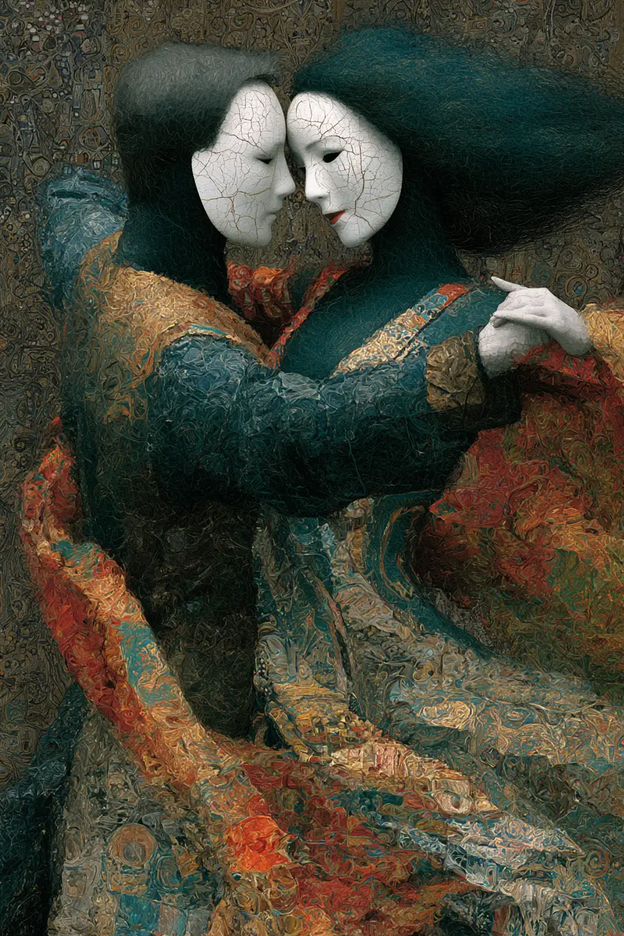 Surreal dancing couple with cracked white mask like faces
