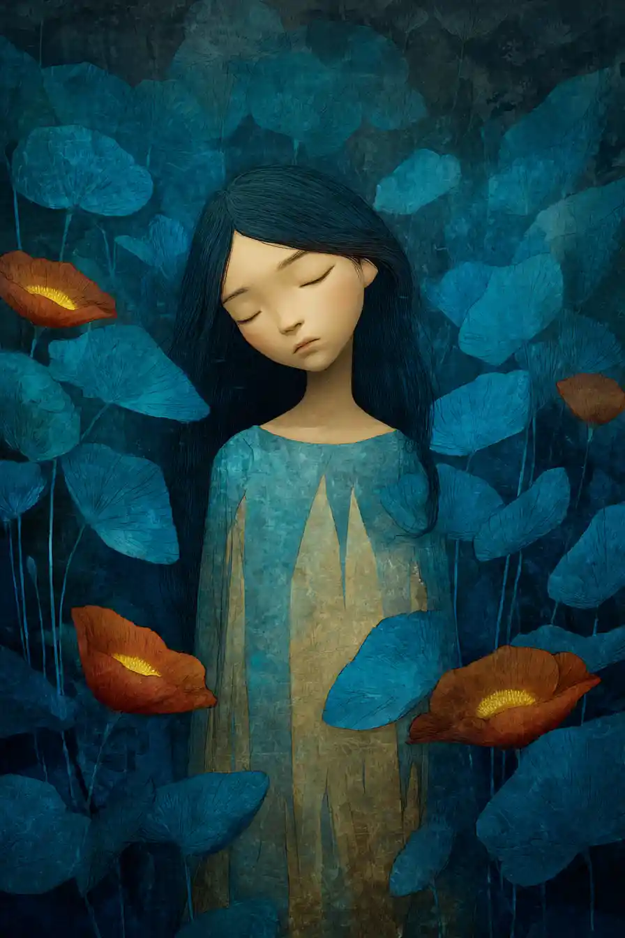 Melancholic surreal dreamless figure in rich pop colors
