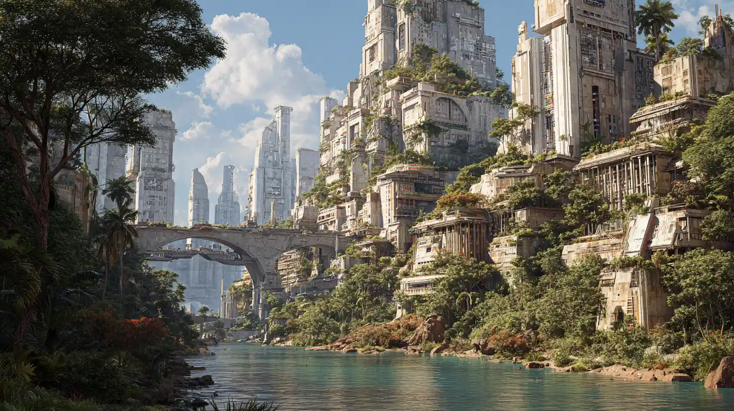 Futuristic megacity rising above a desolate wasteland
