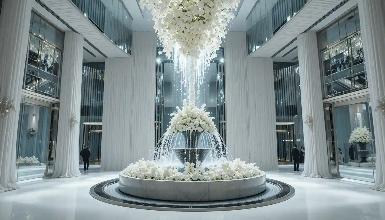 Grand mirrored wedding foyer with central floral fountain