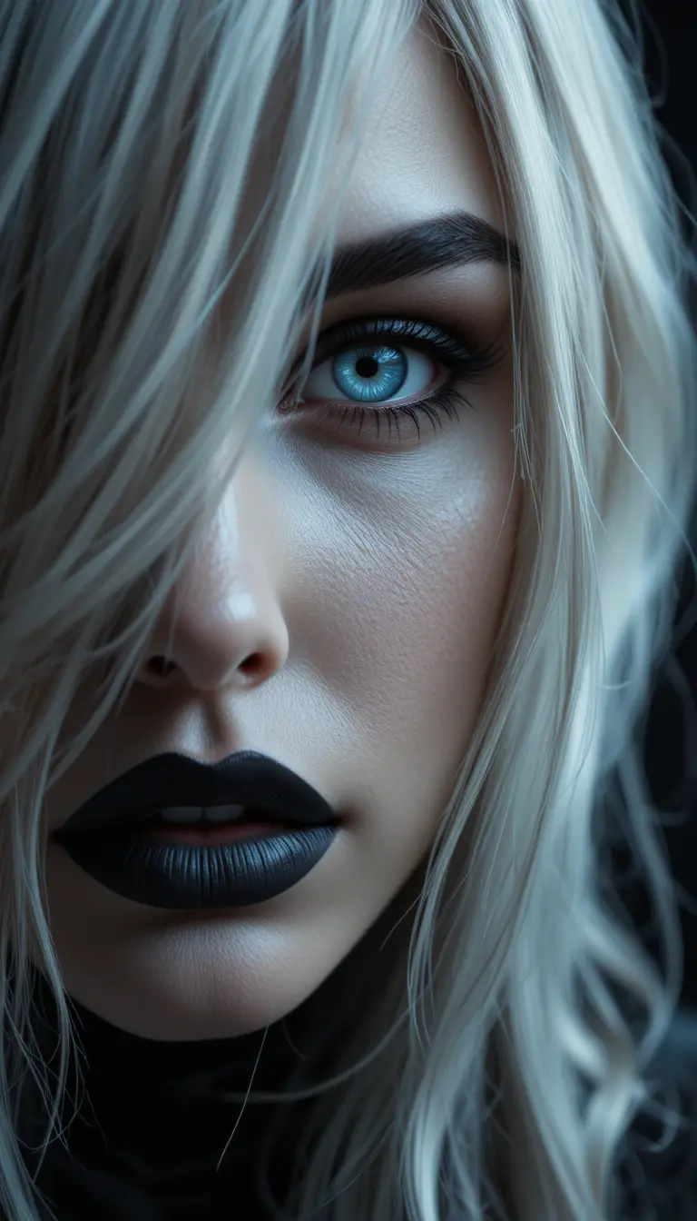 Cinematic close up portrait of a mysterious silver haired woman
