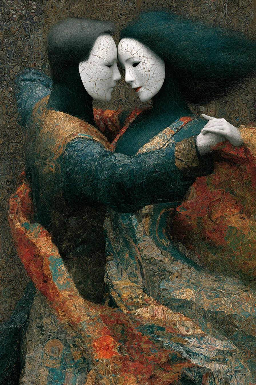 Surreal dancing couple with cracked white mask like faces