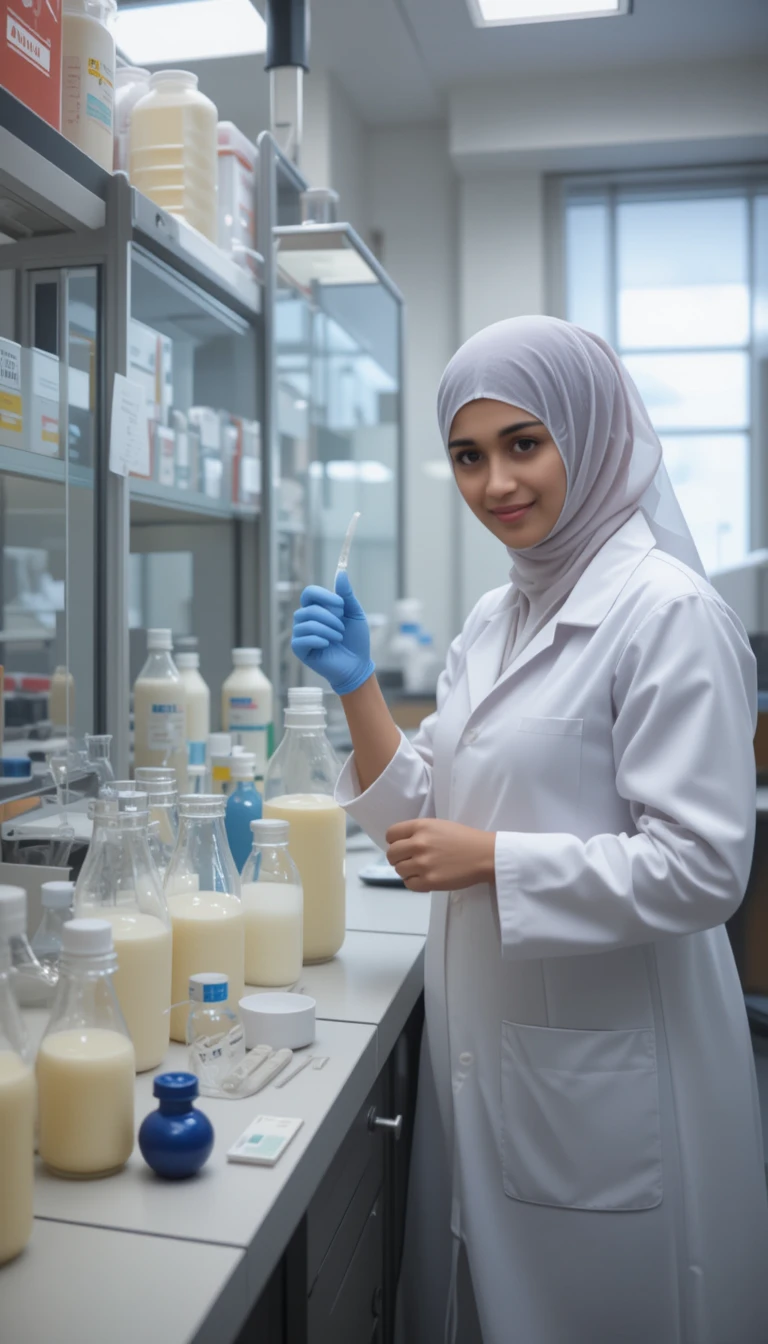 Girl observing milk testing in a modern quality control lab
