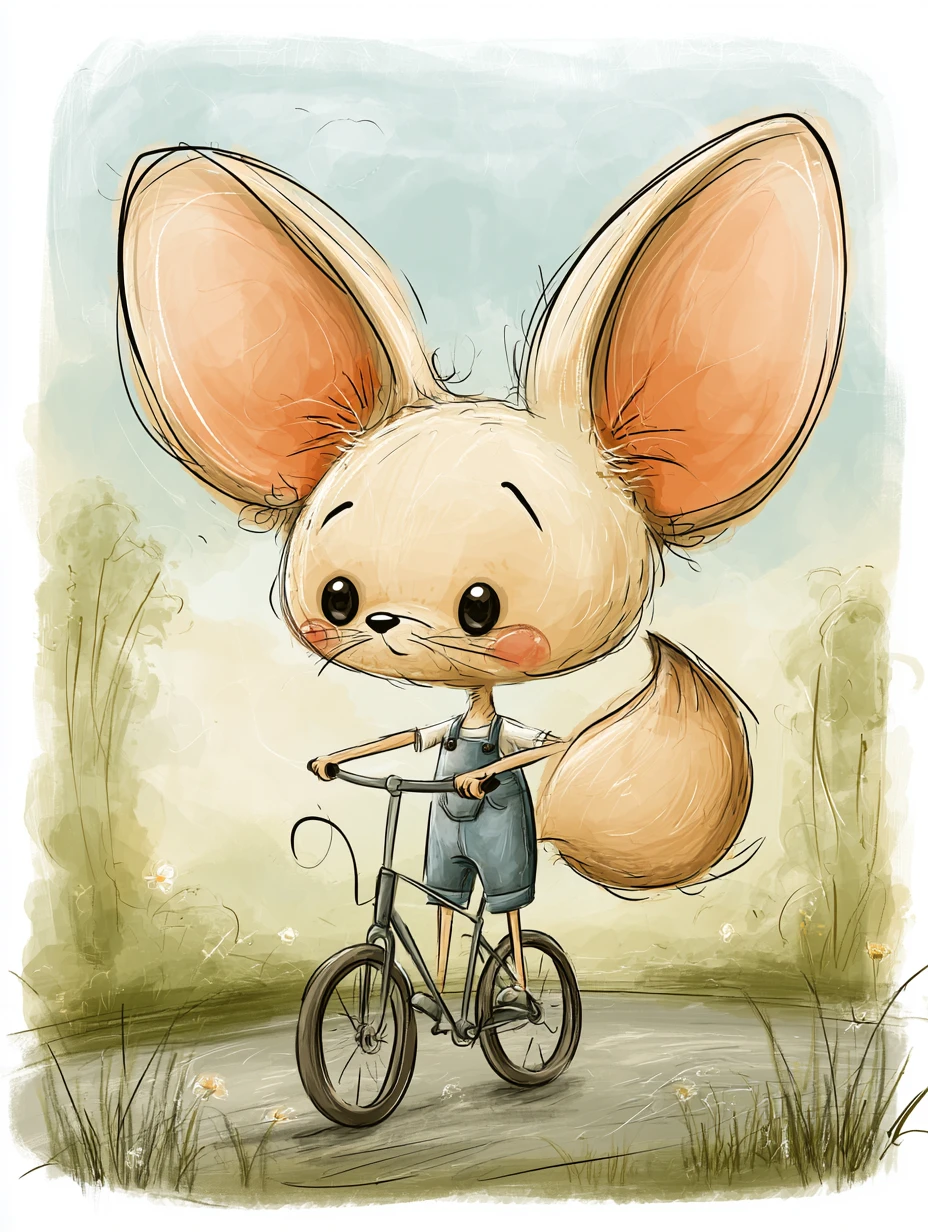 Cute cartoon fennec fox riding a bicycle in summer park