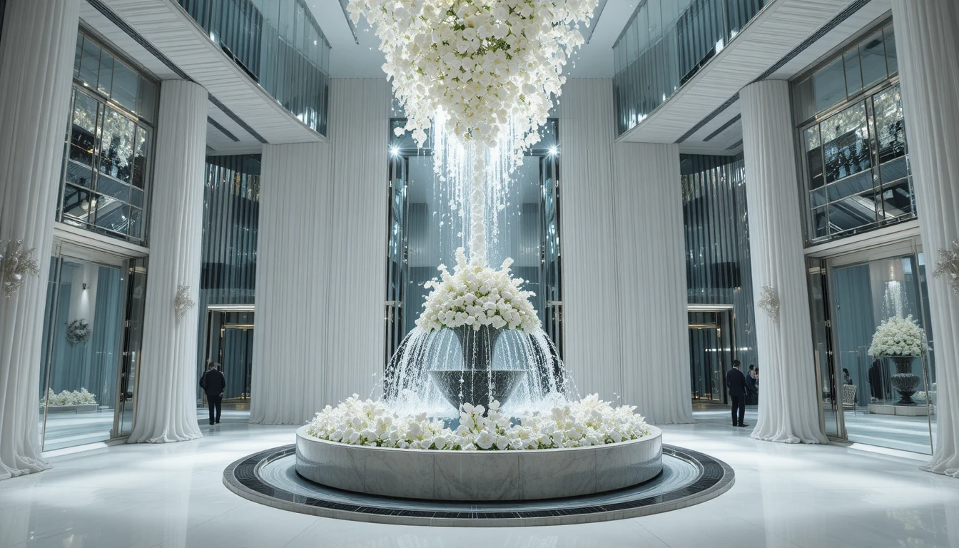 Grand mirrored wedding foyer with central floral fountain