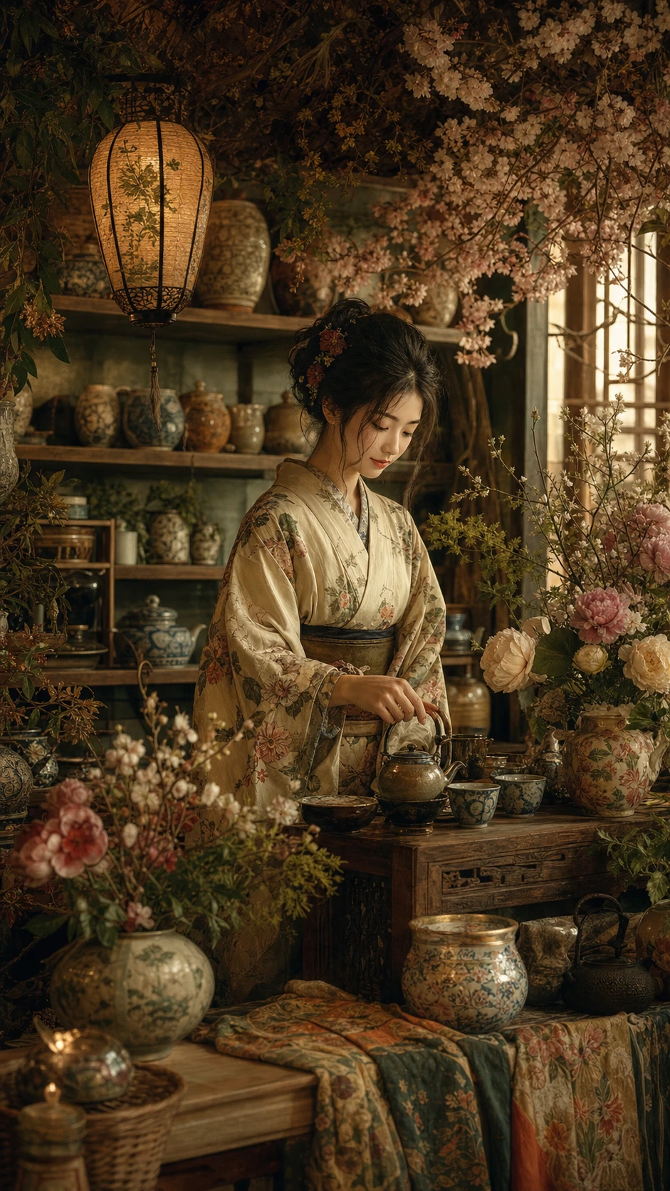 Mujer japonesa en una acogedora casa de té llena de flores
