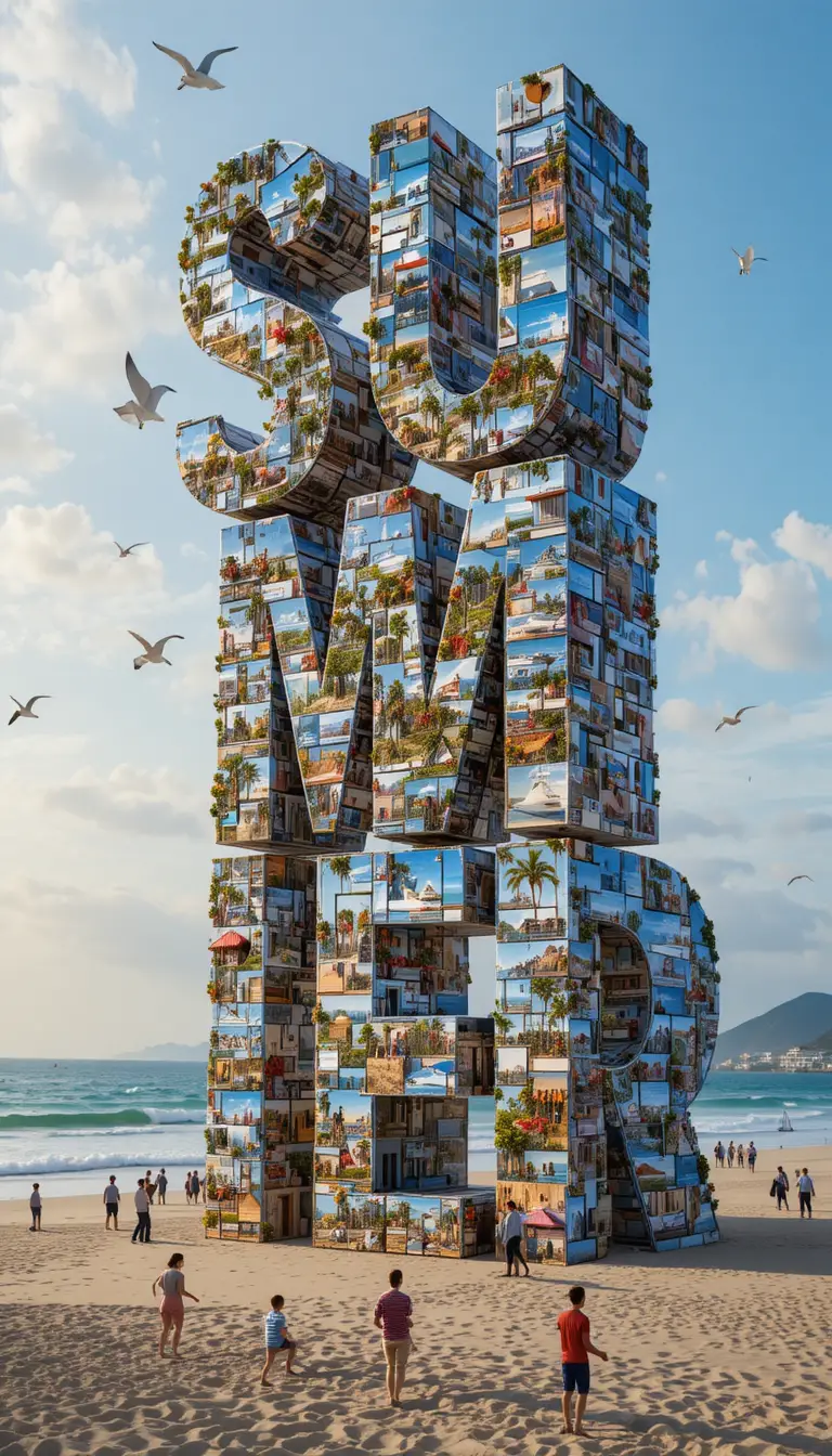 Gigantic summer lettering made of tiny beach photographs