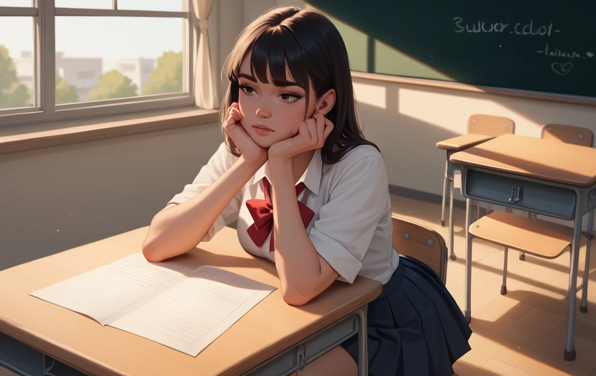Schoolgirl on teachers desk during sex education lesson