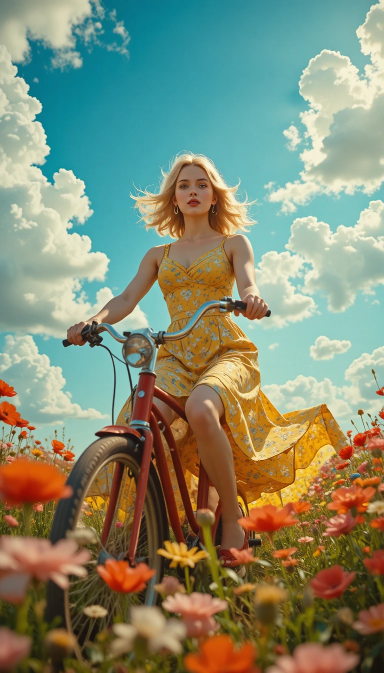 Blonde woman on red bicycle in sunlit wildflower meadow
