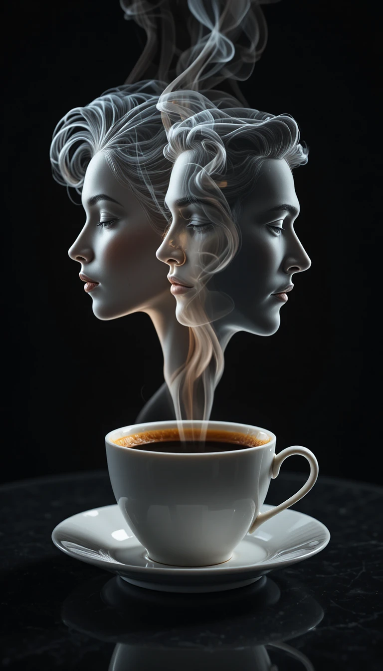 Romantic steam faces rising from a porcelain coffee cup