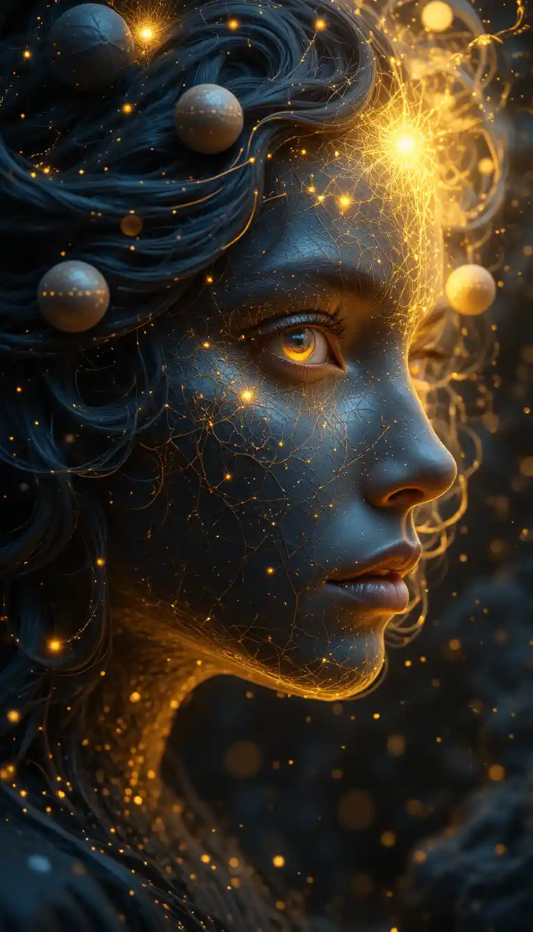 Surreal celestial portrait emerging from a dark cosmic void