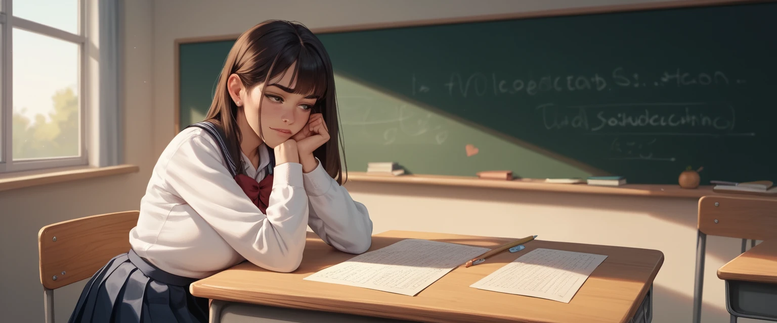 Schoolgirl Sitting On Teacher Desk In Front Of Blackboard